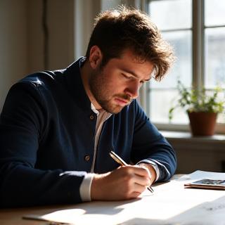 Portrait of Ben Carter, a calligrapher at his sunlit desk.
