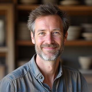 Portrait of Alistair Finch, a friendly artisan in his studio.