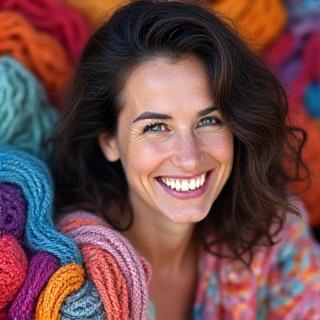 Portrait of Clara Rose, a textile artist surrounded by colourful yarn.
