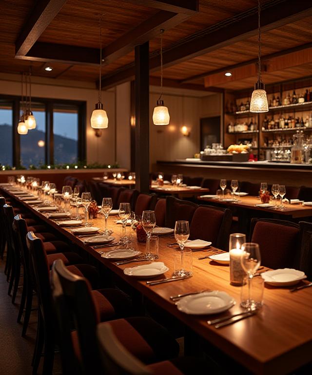 The elegant and warm ambiance of the Woven Hearth restaurant at dusk.