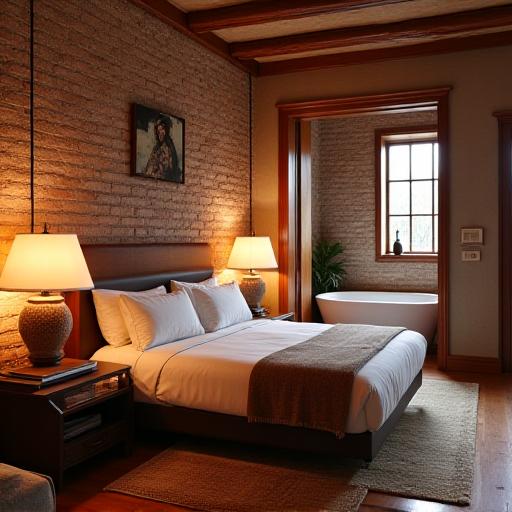 The cozy Potter's Suite with exposed brick and custom ceramic lighting.