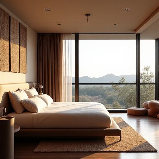 The spacious Weaver's Loft suite with large windows and handwoven tapestries.